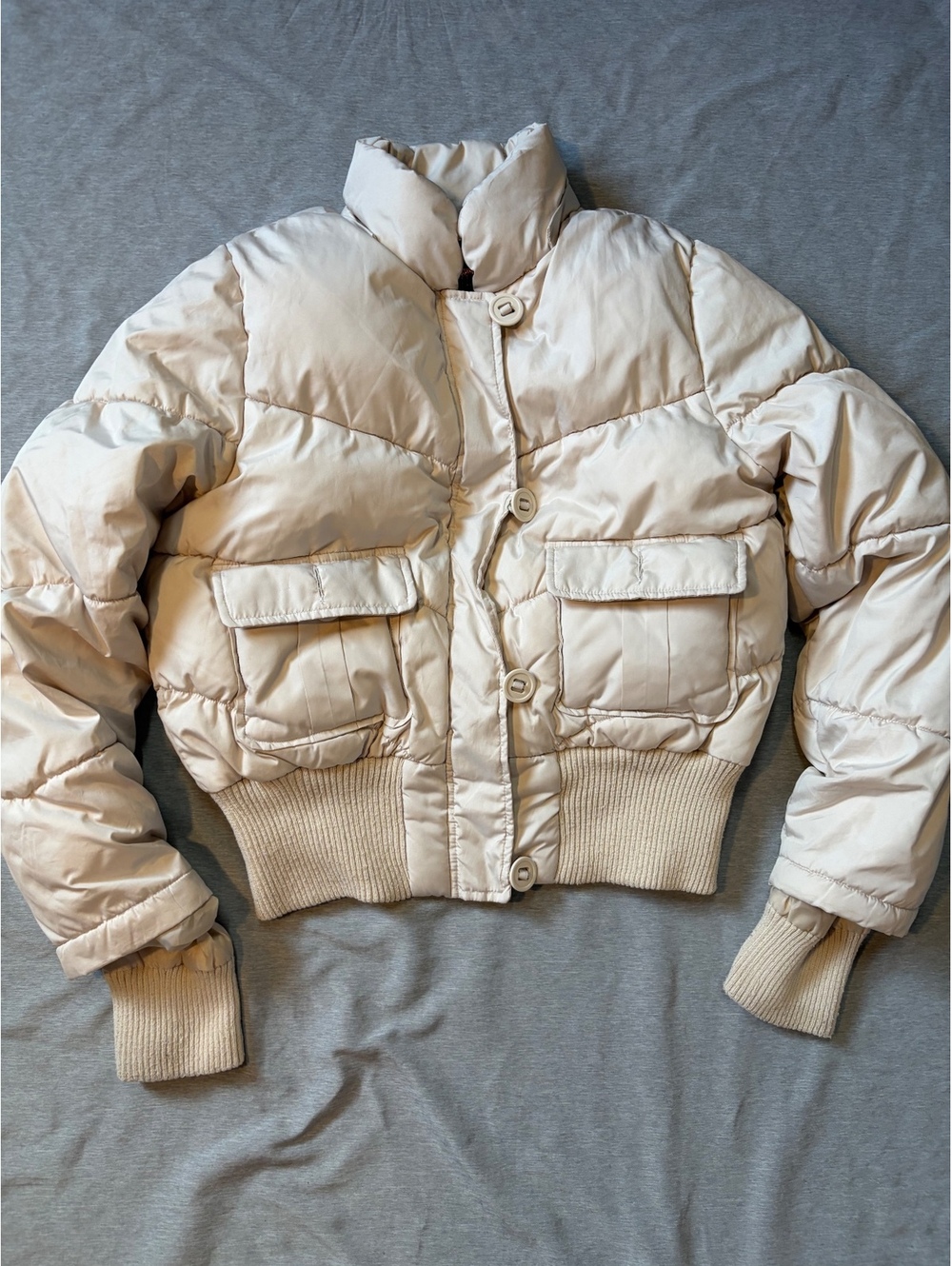 Dollhouse Women’s M Cream Cropped Puffer Jacket Y2K Bomber Ribbed Waist